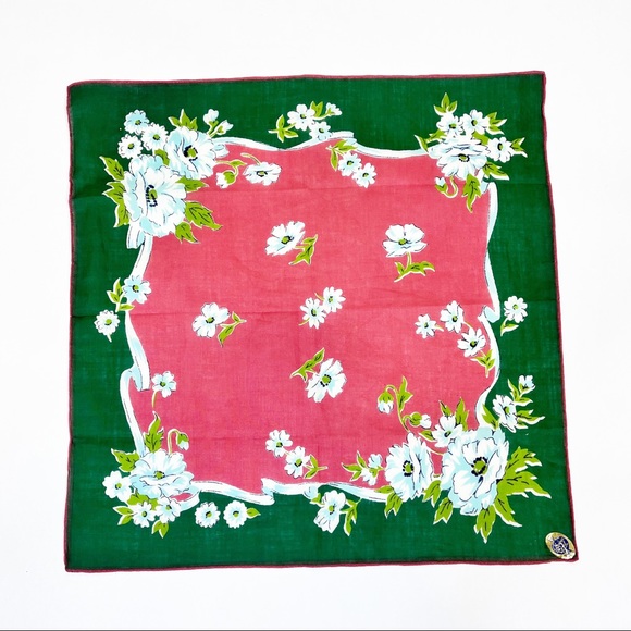 Glamour Girl Hand Rolled Green, peach, blue and white handkerchief Scarf VTG - Picture 3 of 5